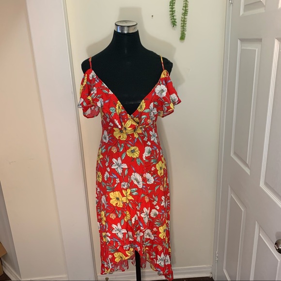 F21 Liberty Floral Flowy Cutout Shoulder Wrap Hi Low Dress - Picture 15 of 15